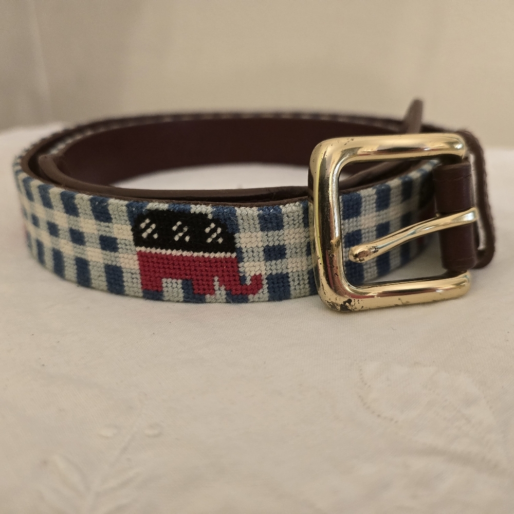 Men's Blue Checked Needlepoint Belt with Red Elephant Accent